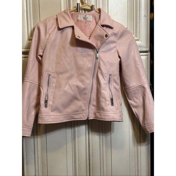 H&M Girls Faux Leather Asymmetric Zip Moto Biker Jacket Light Pink Size 10 - Picture 1 of 12